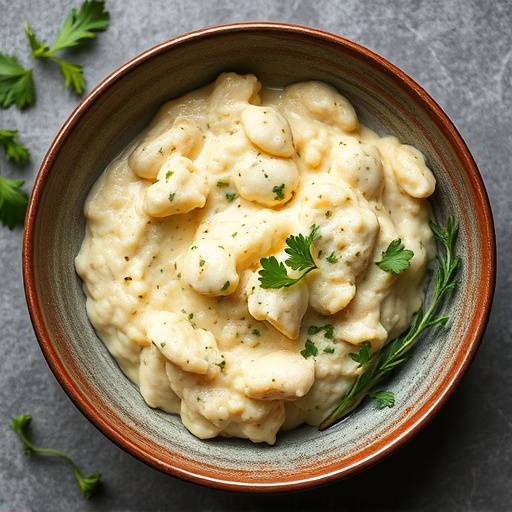A bowl of creamy pap served with a rich tomato and onion sheba, garnished with fresh herbs.