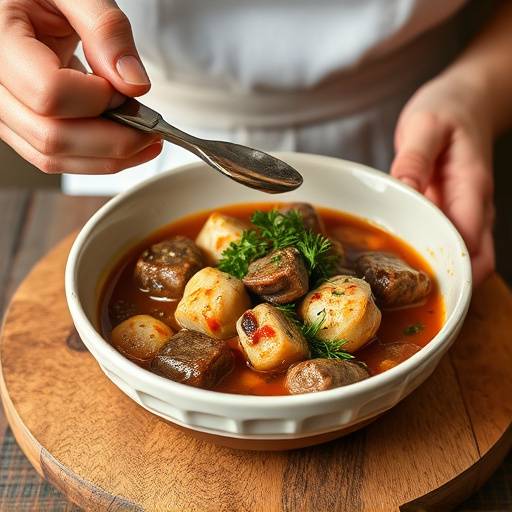 A bowl of hearty Bredie, a lamb and vegetable stew, garnished with fresh herbs. A smiling woman is serving the dish.