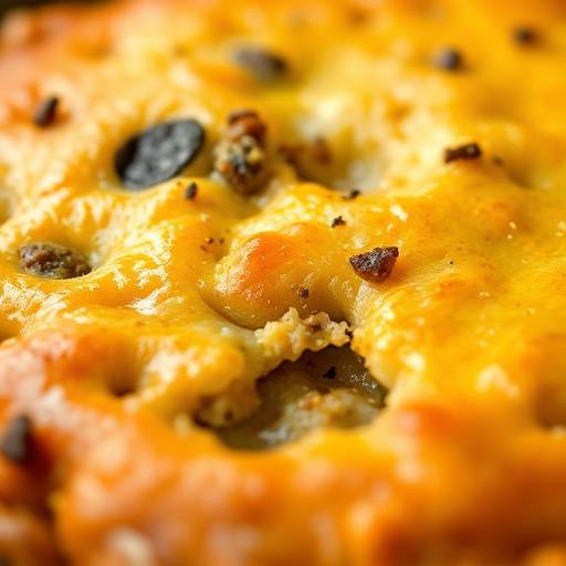 A close-up of bobotie, showcasing the golden crust and savoury filling.