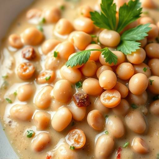 A close-up shot of a plate of creamy samp and beans, garnished with fresh coriander. A traditional South African dish.