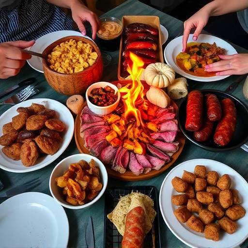 A delicious spread of traditional South African dishes, including bobotie, biltong, and boerewors.