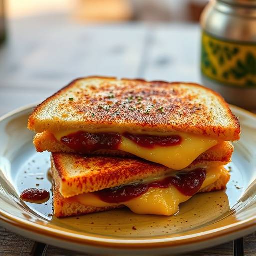 A grilled cheese sandwich oozing with melted cheese and chakalaka, showing the fillings on the side.