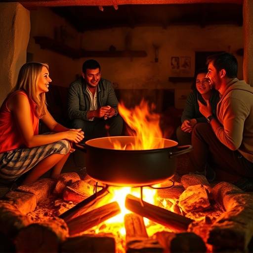 A large cast iron pot containing Potjiekos, set over an open fire. A family is seated around the fire, laughing and sharing stories.