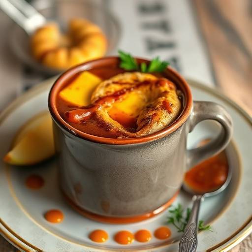 A single-serving bobotie in a mug, garnished with chutney and banana slices, showing steam rising from the warm dish.