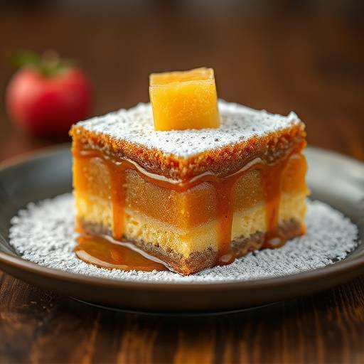 A slice of malva pudding, showing its spongy texture and caramel sauce.