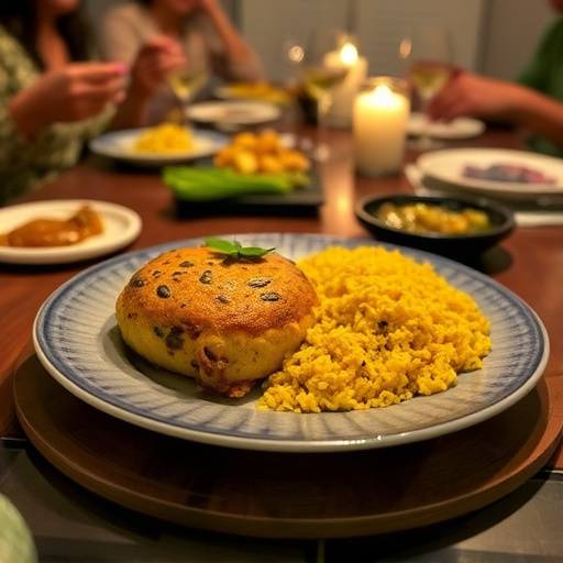 A steaming pot of Bobotie, served with yellow rice and chutney. A family is gathered around the table, smiling.