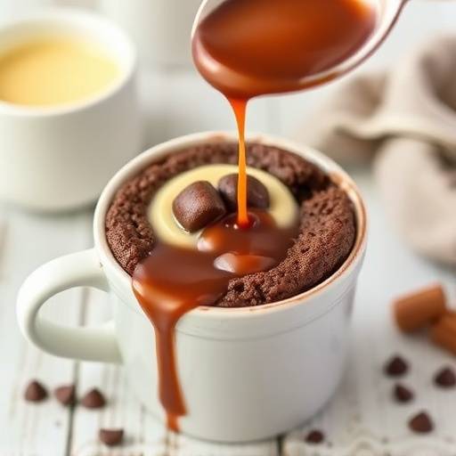 A warm, moist chocolate mug cake topped with a creamy custard sauce in a white mug, showcasing the texture and steam rising from the cake.