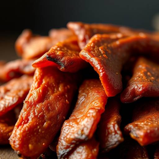 Close-up of a piece of Biltong, a popular South African dried meat snack.