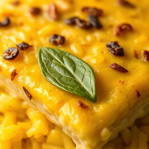 Close-up of a plate of Bobotie, a traditional South African dish, garnished with bay leaves and served with yellow rice.