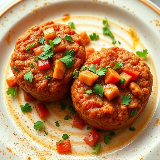 Two golden-brown vetkoek, one split open and filled with savory mince, garnished with chopped parsley.