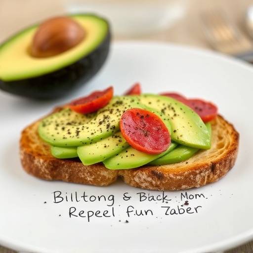 Two slices of toast topped with mashed avocado and thinly sliced biltong, seasoned with black pepper.